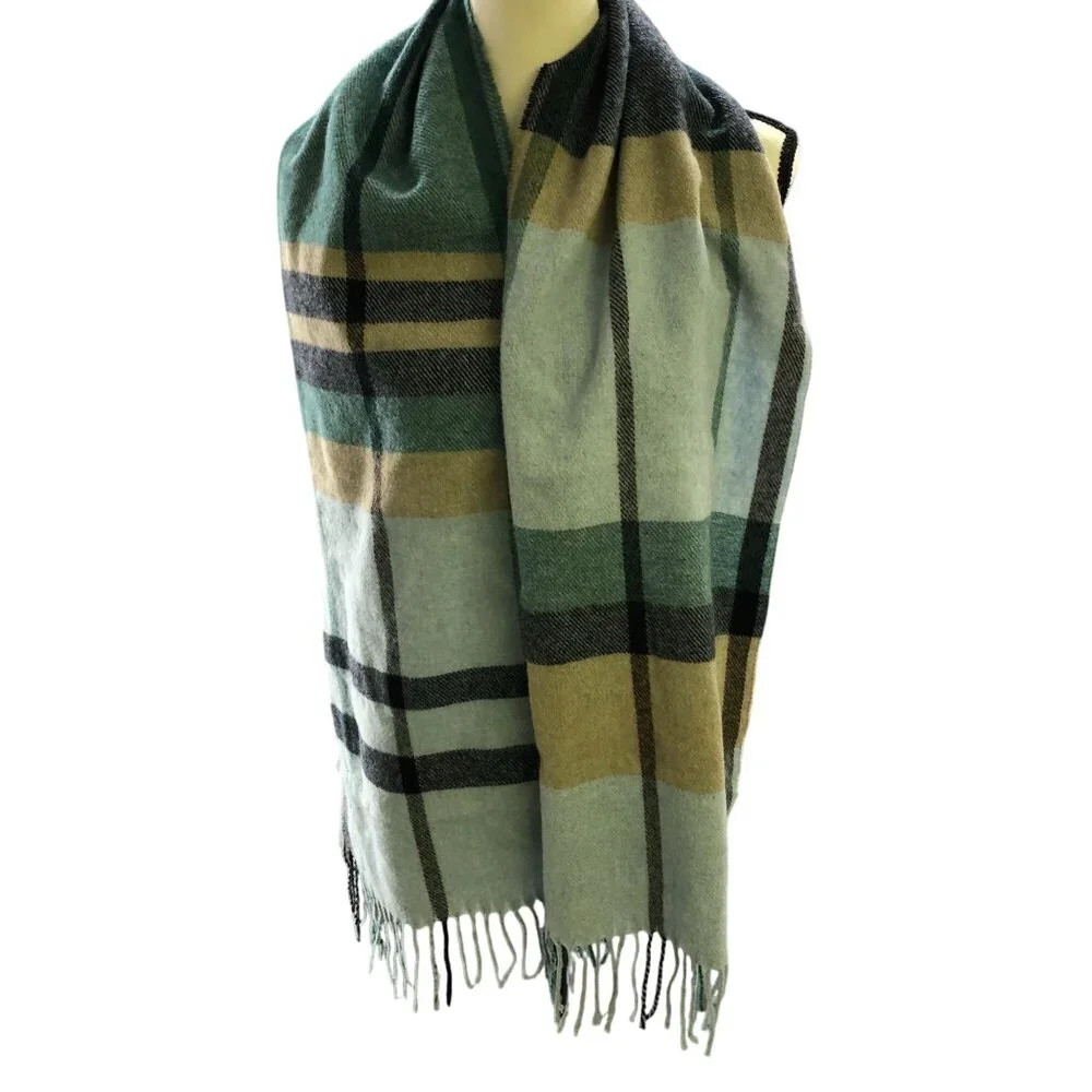 Italian Woolen Treasures 100% Wool Scarf Light Blue Fringe‎ Rectangle Mens Plaid